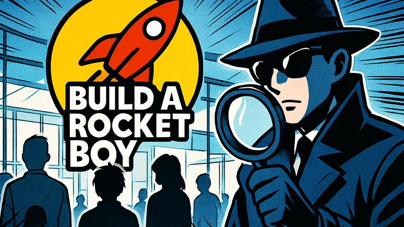 Логотип студии Build A Rocket Boy, силуэты сотрудников на фоне офиса, символ корпоративного шпионажа