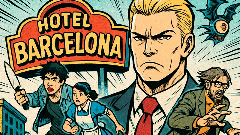 Hotel Barcelona: арт игры с персонажами и логотипом "Under New Management"