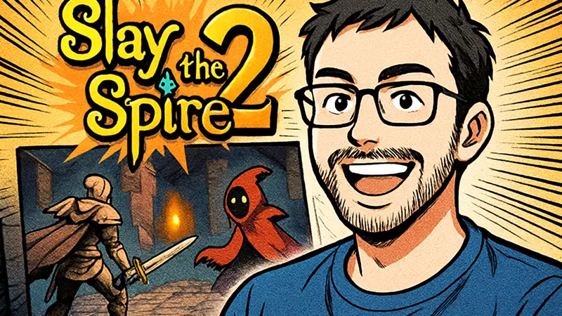 Логотип Slay the Spire 2, скриншот игры, улыбающийся разработчик