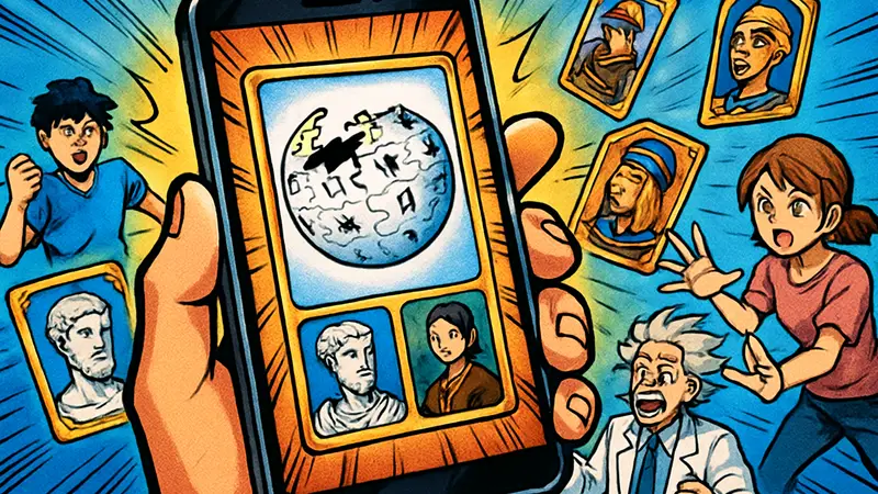 Игровой экран Wikigacha, где карточки Wikipedia используются в уникальной гача-стратегии.