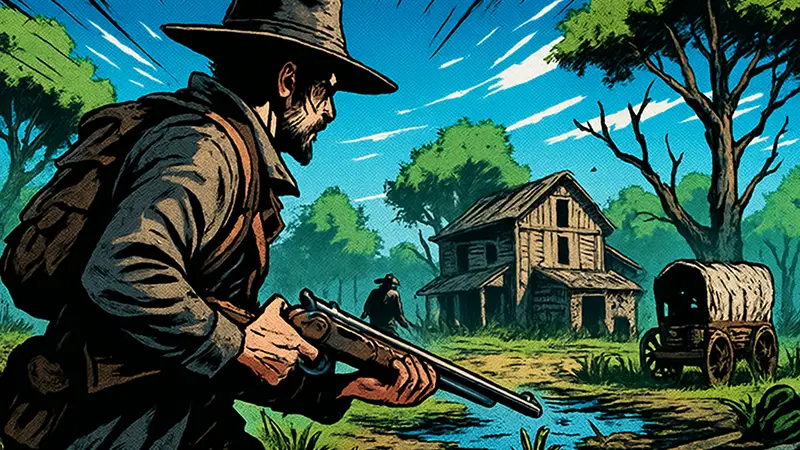 Охотник из Hunt Showdown исследует мрачную карту без меток, ища точку экстракции или ценный лут.