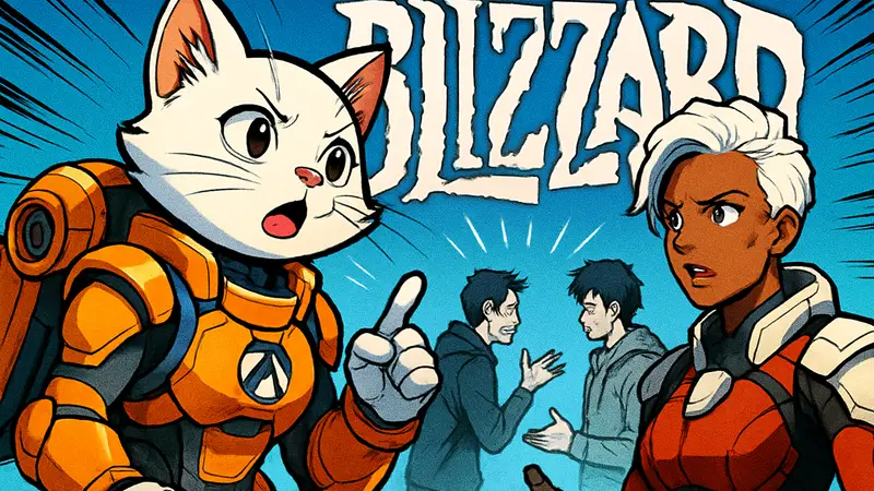 Игроки Overwatch с Джетпак Кэт и Домниной на фоне логотипа Blizzard, обсуждающие баланс игры