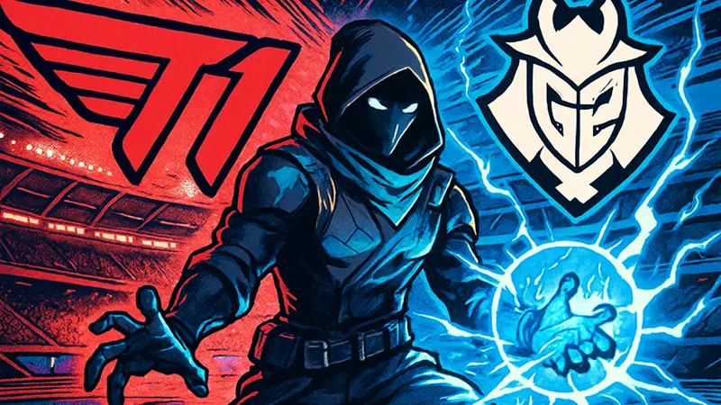 Логотипы T1 и G2 Esports на фоне арены VALORANT Masters Santiago 2026 после матча.