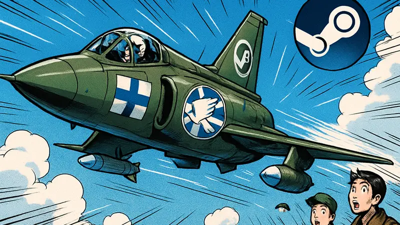 Изображение истребителя ВВС Финляндии в War Thunder с праздничной декалью и логотипом Steam.