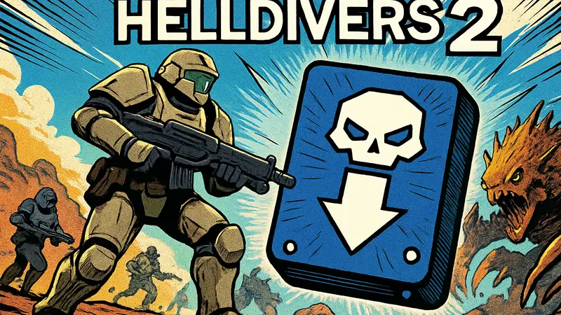 Логотип Helldivers 2 и скриншот из игры с уменьшенным размером на ПК
